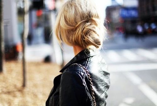 leather jacket and loose bun